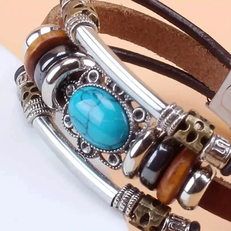 Bracelet en cuir synthétique perlé turquoise vert de style vintage avec boucle en acier inoxydable