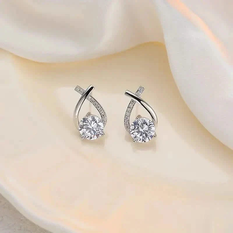 Vintage Style Stud Earrings - Embellished with Rhinestones, Cross Line Design
