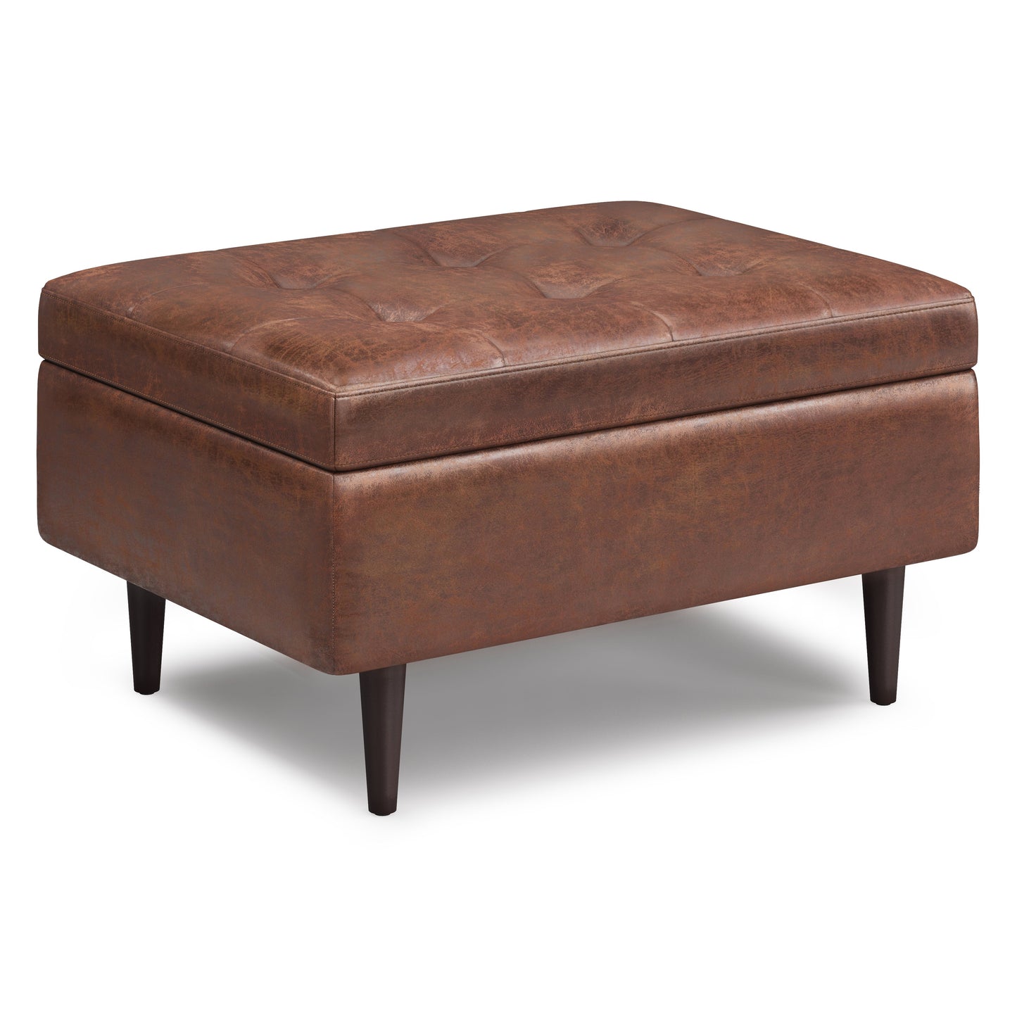 Shay 34 Inch Wide Mid-Century Small Coffee Table Storage Ottoman in Distressed Saddle