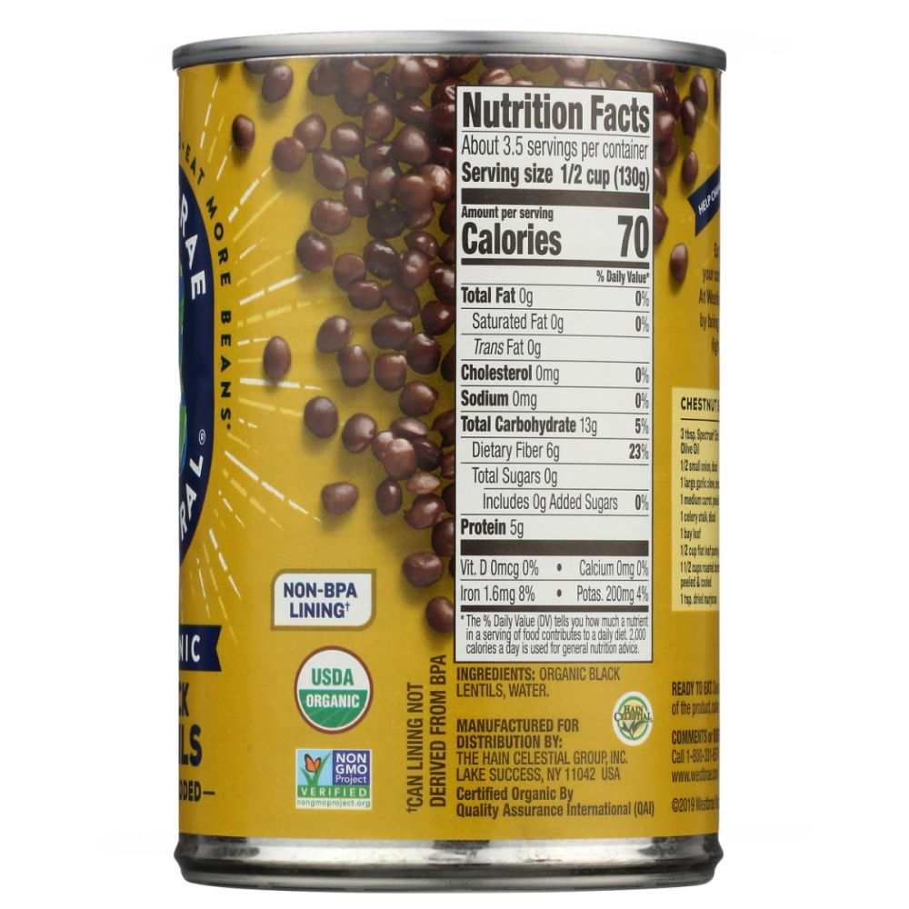 WESTBRAE: Organic Black Lentils No Salt Added, 15 oz