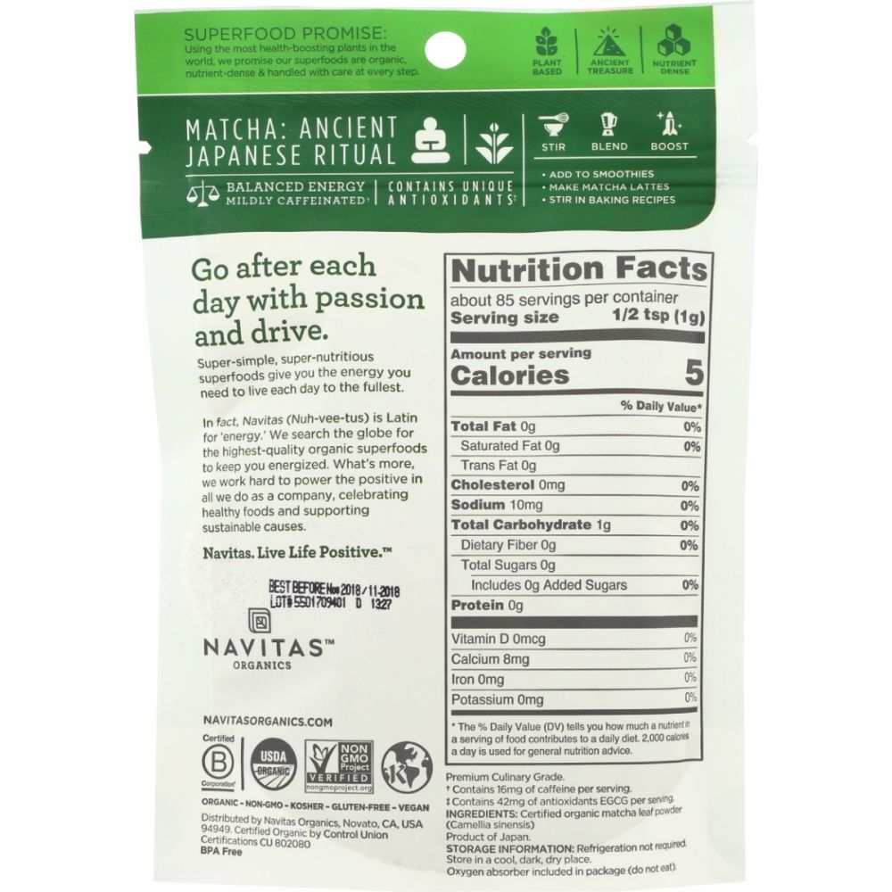 NAVITAS Organic Matcha Powder, 3 oz