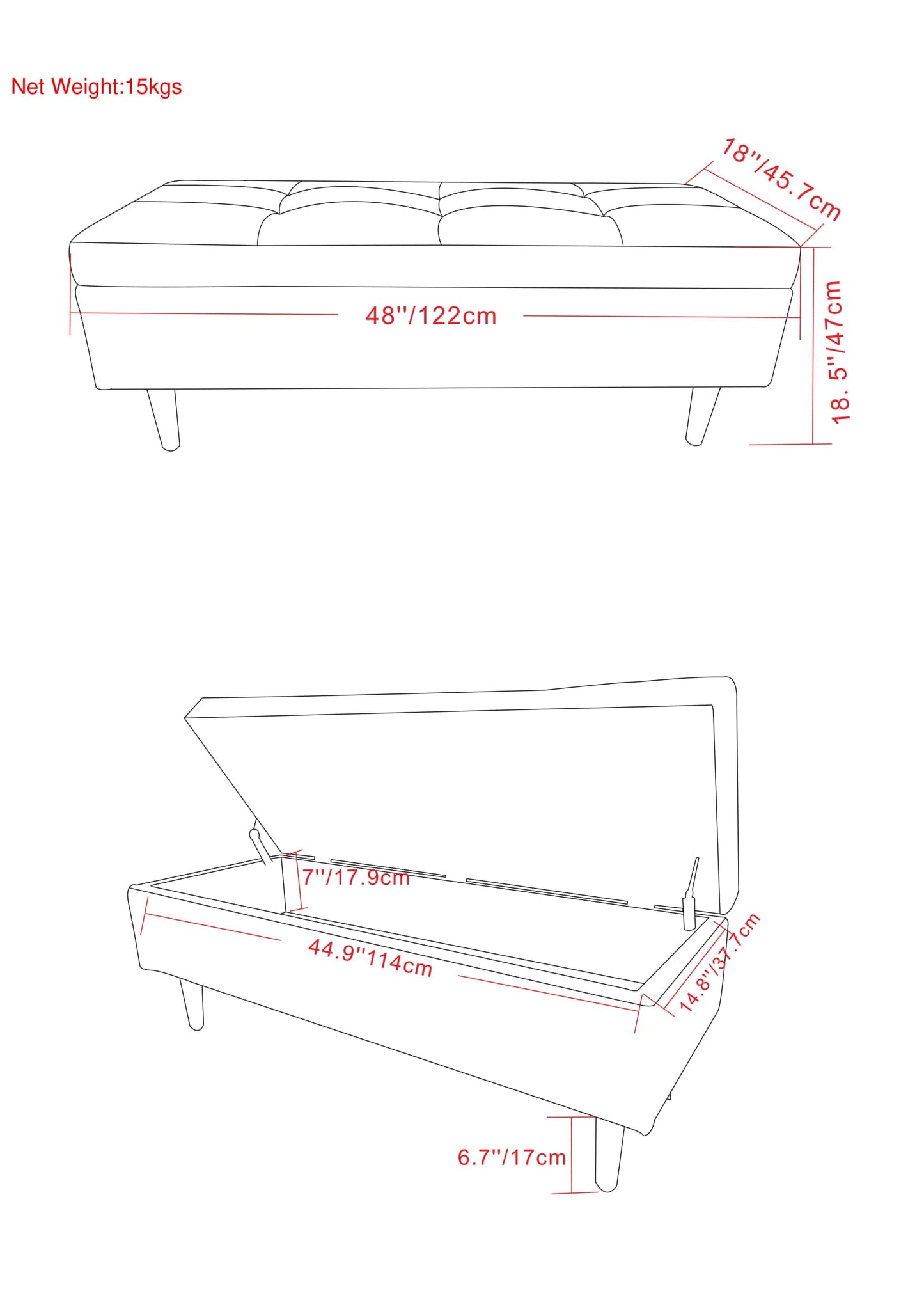 Shay 48 Inch Wide Mid-Century Rectangular Storage Ottoman