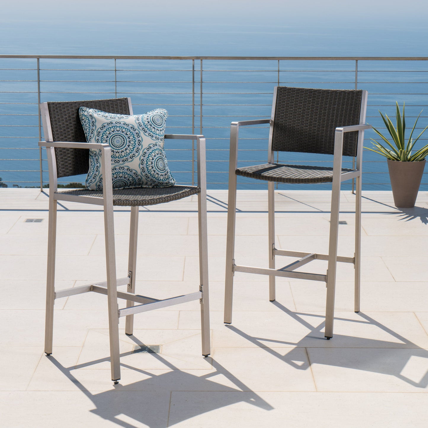 Outdoor Rust-Proof Aluminum Barstools with PE Rattan Seat - Set of 2