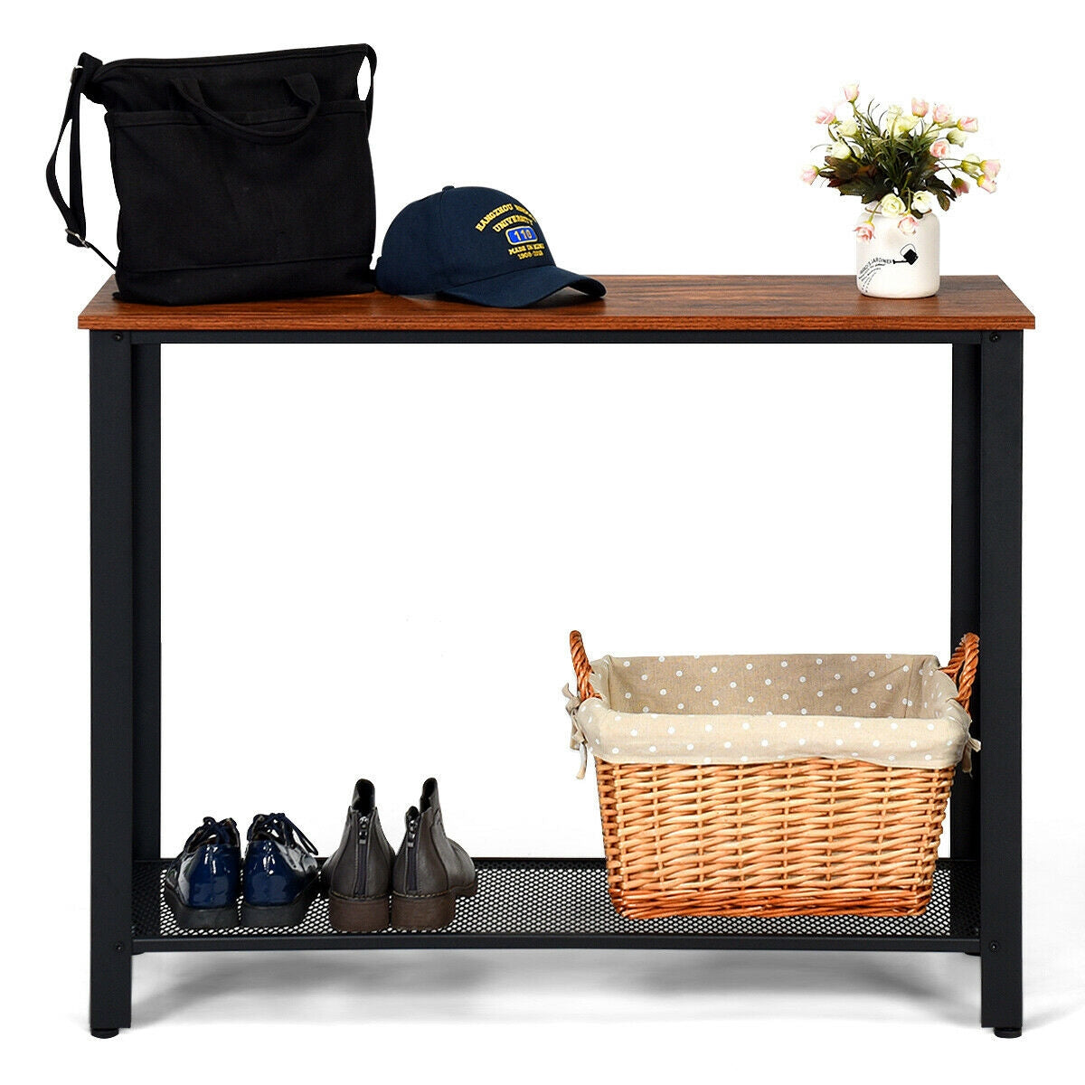 Metal Frame Wood Console Sofa Table with Storage Shelf