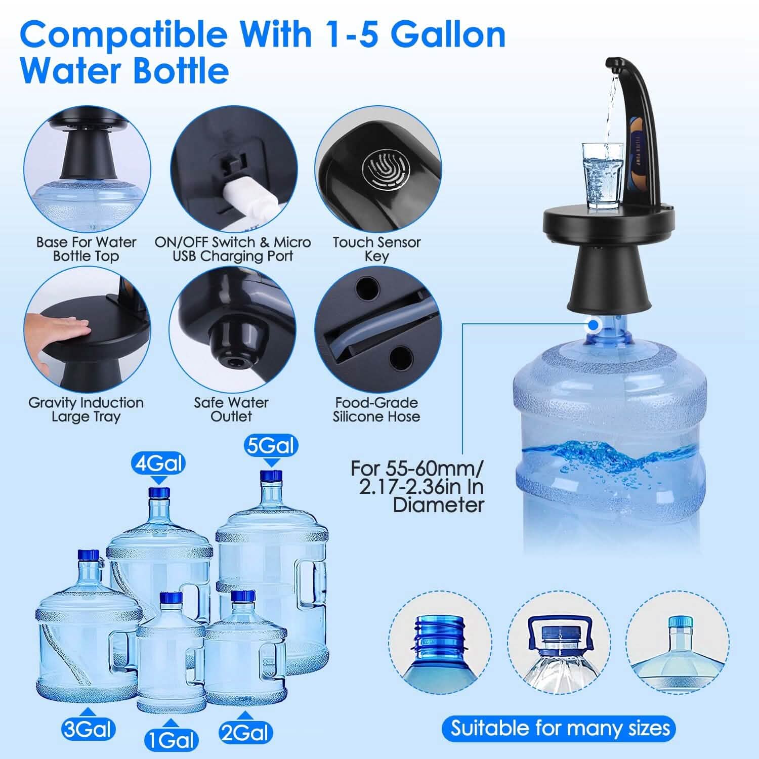 Water Bottle Dispenser USB Rechargeable Mini Water Jug for 1-5 Gallon Water Jugs