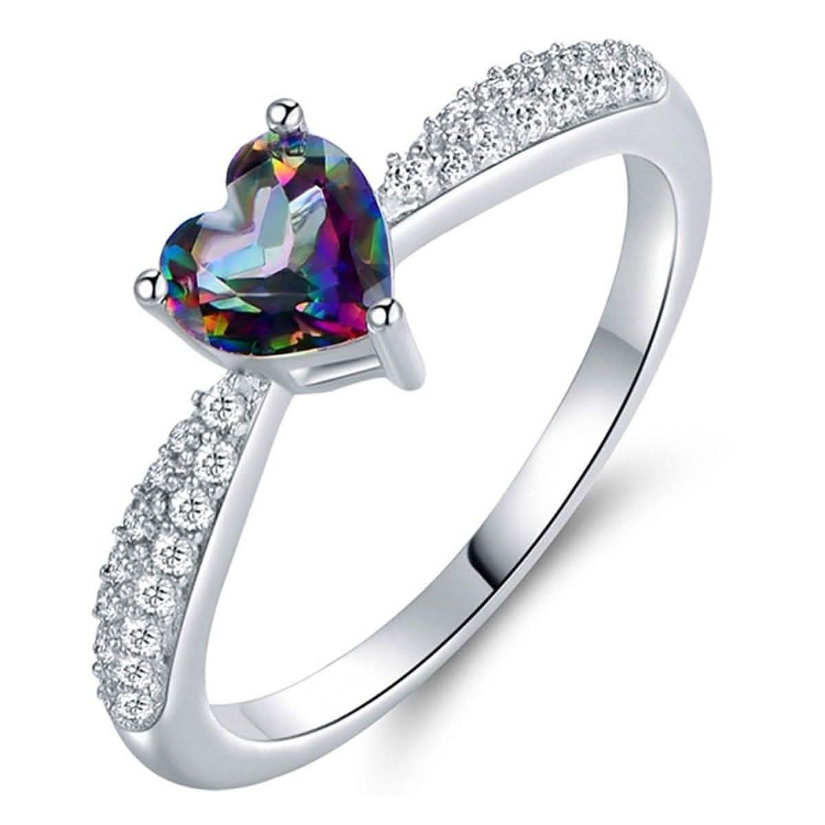 ホワイトゴールド 3ct ハートカット ミスティックトパーズ 婚約指輪 - 各種サイズ