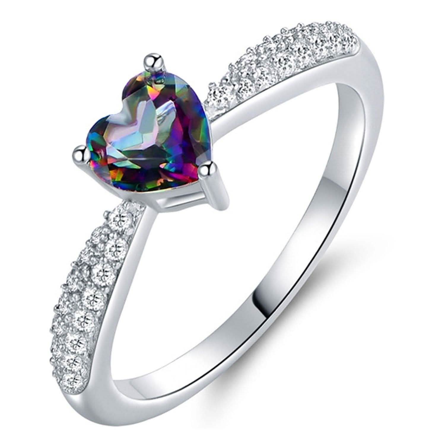 ホワイトゴールド 3ct ハートカット ミスティックトパーズ 婚約指輪 - 各種サイズ