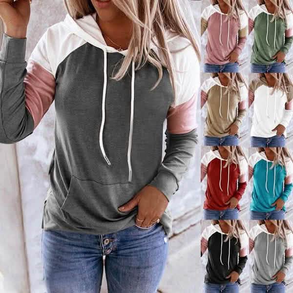 Sweat-shirts décontractés à capuche à manches longues pour femmes, coupe ample, avec blocs de couleur et poches