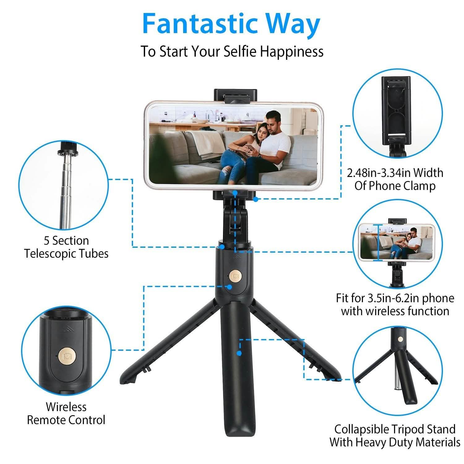 Wireless Selfie Stick Extendable Tripod with Detachable Remote Shutter for 3.5-6.2" Phone