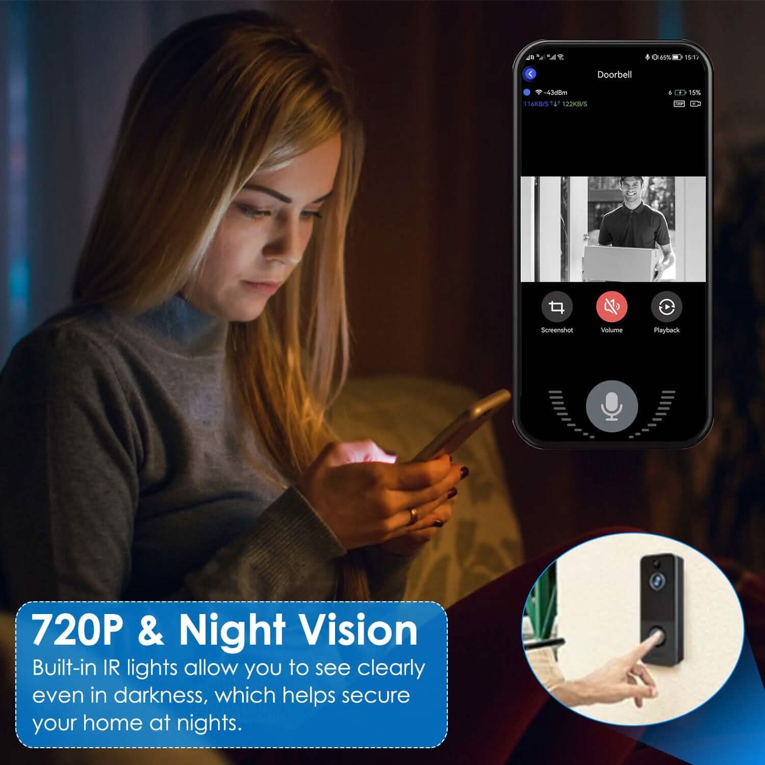 Sonnette vidéo Wi-Fi intelligente sans fil