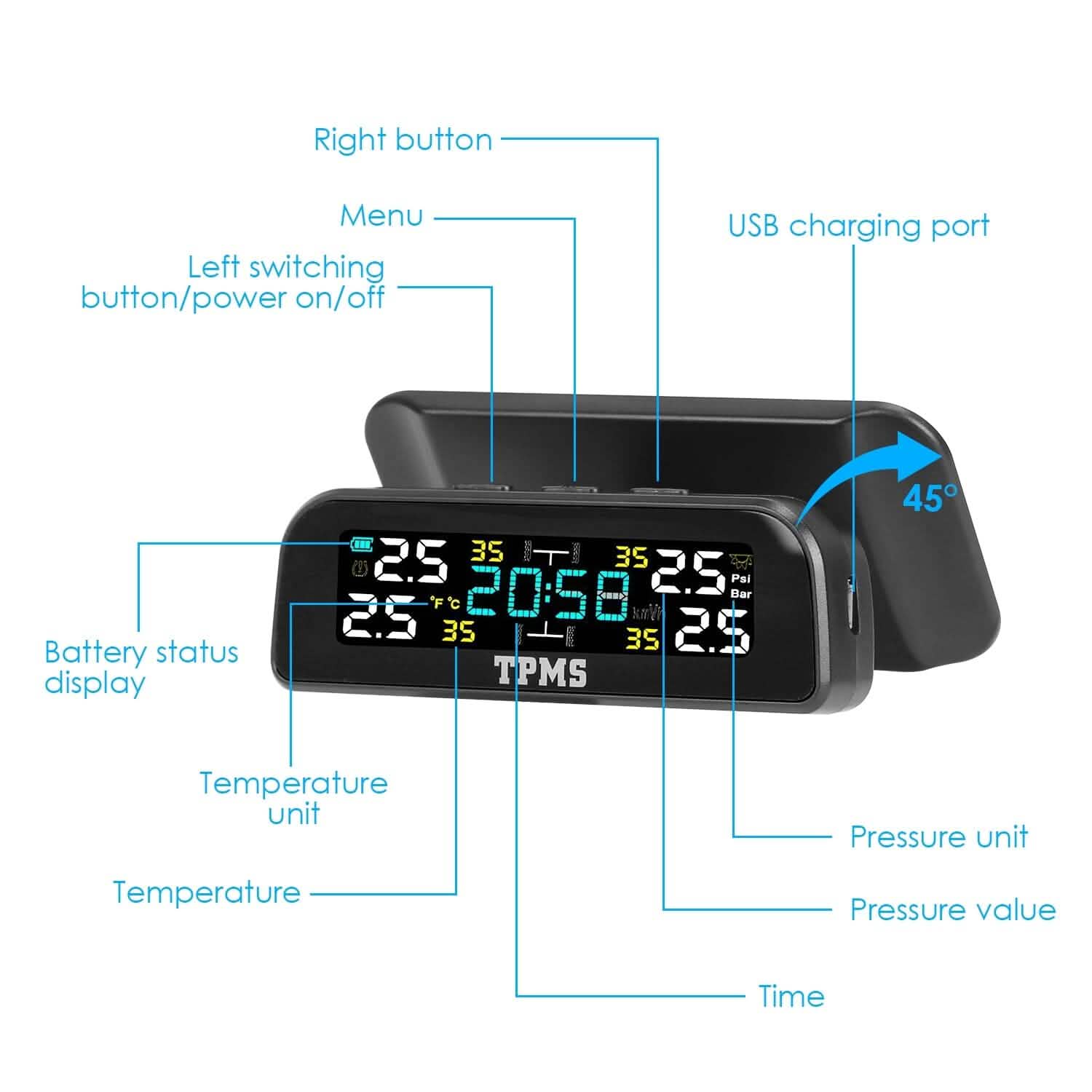 Wireless Solar Car Tire Pressure Monitoring System Auto Tire Pressure with Sensors Temperature Alarm