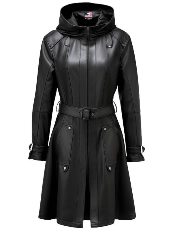 Women’s Black Hooded Leather Coat