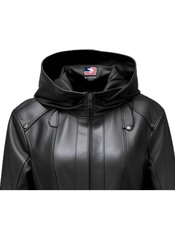 Women’s Black Hooded Leather Coat