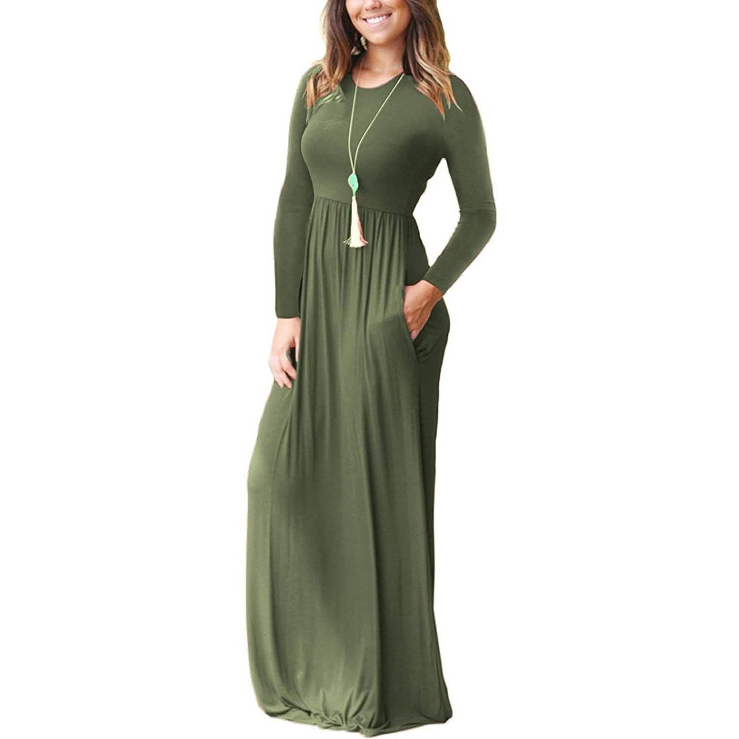 Robes longues amples unies à manches longues pour femmes Robes longues décontractées avec poches