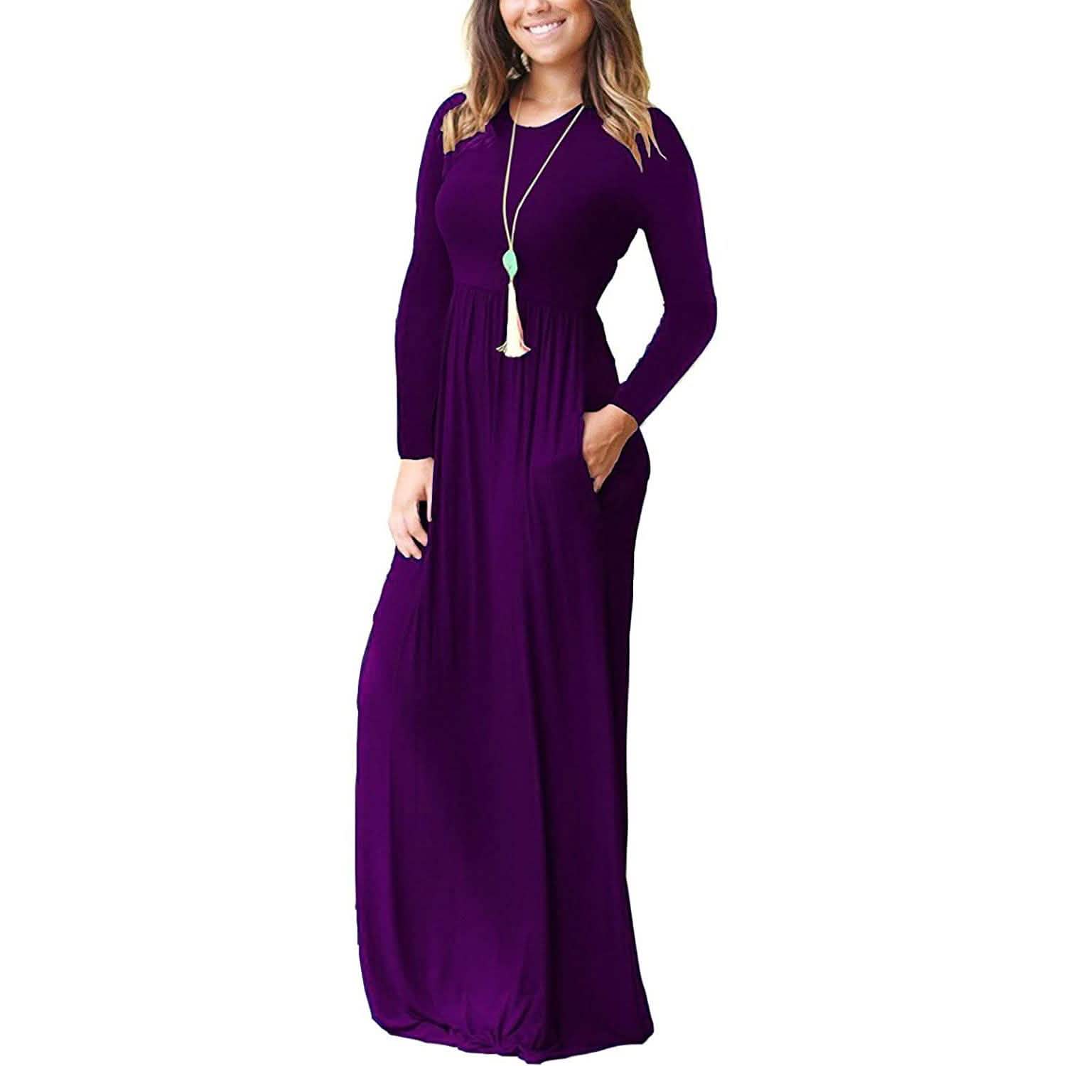 Robes longues amples unies à manches longues pour femmes Robes longues décontractées avec poches