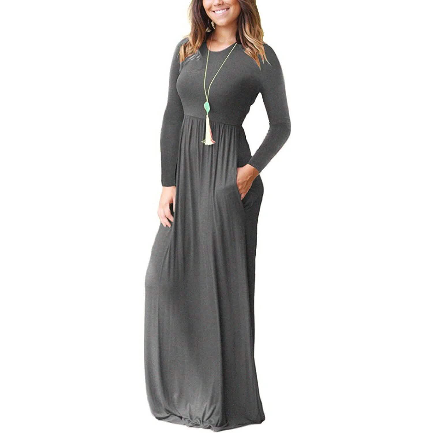 Robes longues amples unies à manches longues pour femmes Robes longues décontractées avec poches