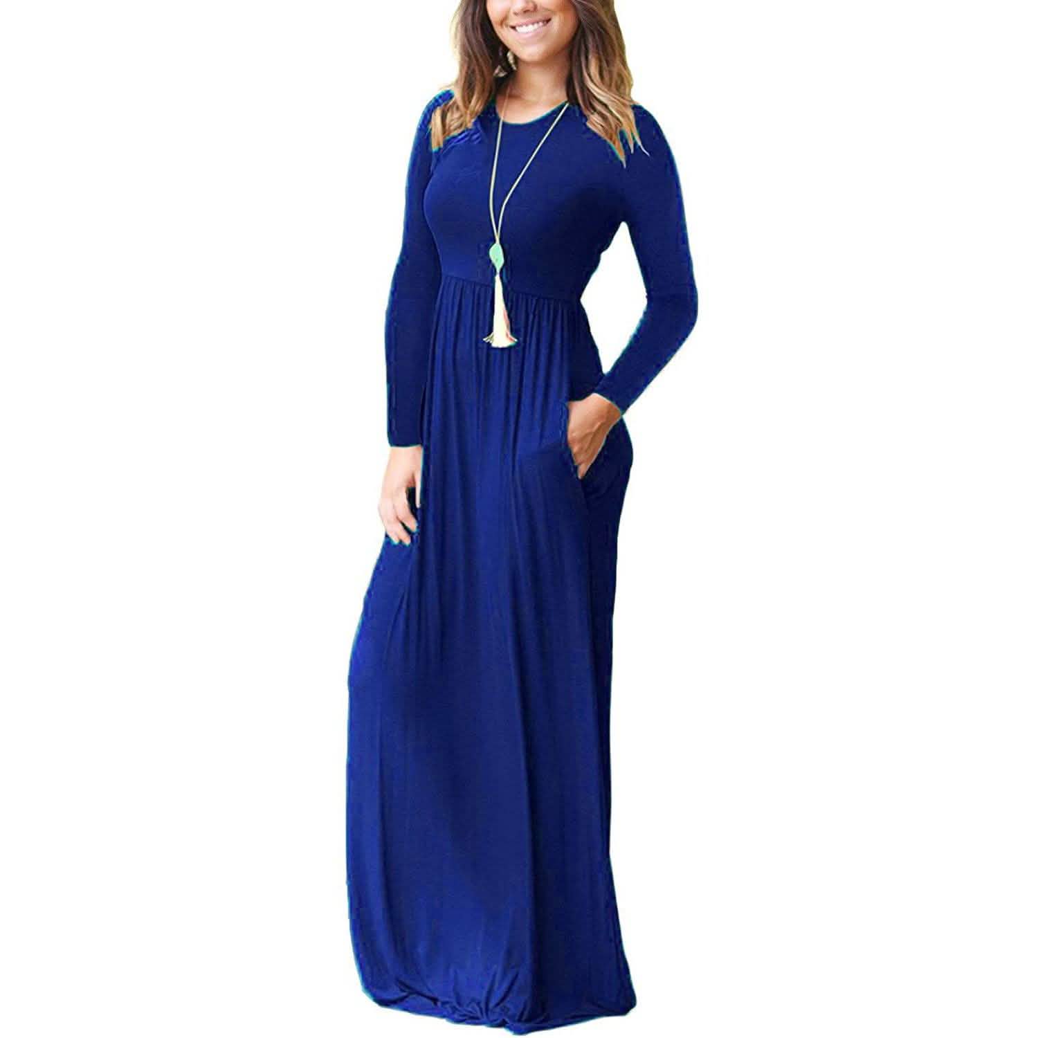 Robes longues amples unies à manches longues pour femmes Robes longues décontractées avec poches