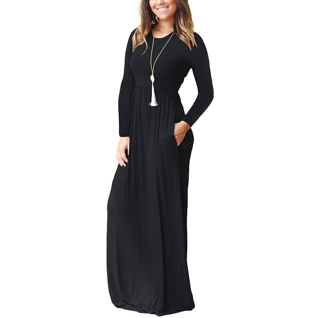 Robes longues amples unies à manches longues pour femmes Robes longues décontractées avec poches