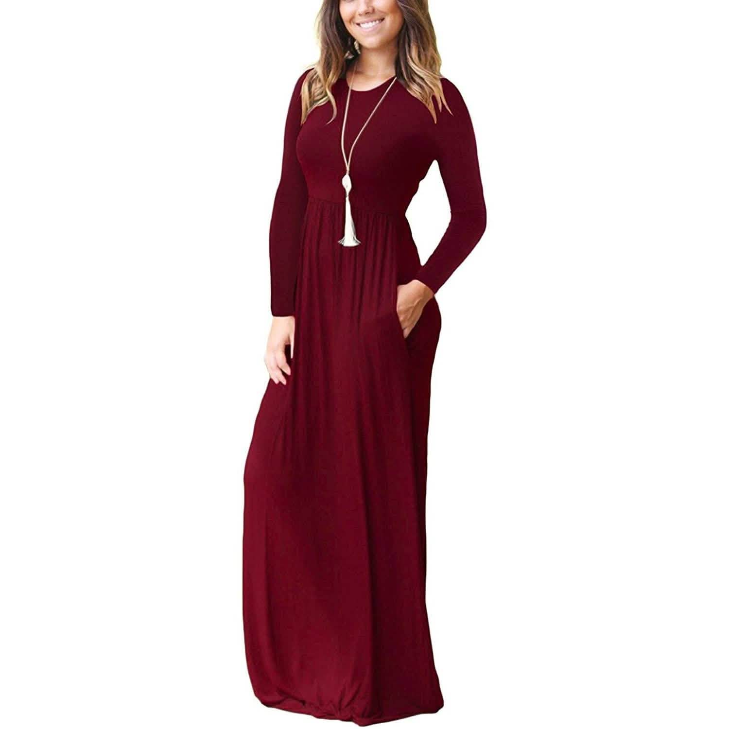 Robes longues amples unies à manches longues pour femmes Robes longues décontractées avec poches