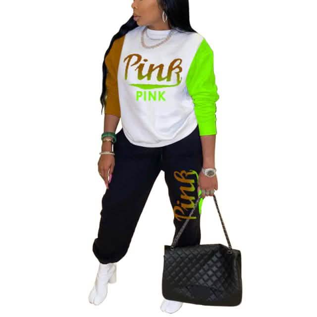 Women Pink Letter Print Long Sleeve Top and Pants Spring Streetwear