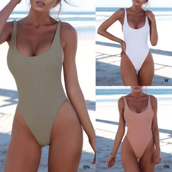 Maillot de bain une pièce push-up sexy dos nu uni rétro triangle pour femme