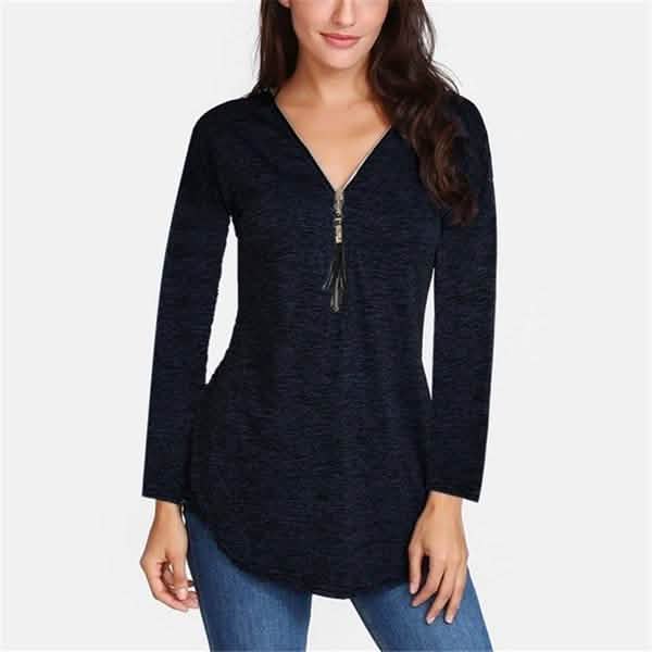 Haut femme col V zippé manches longues couleur unie grande taille blouse haut