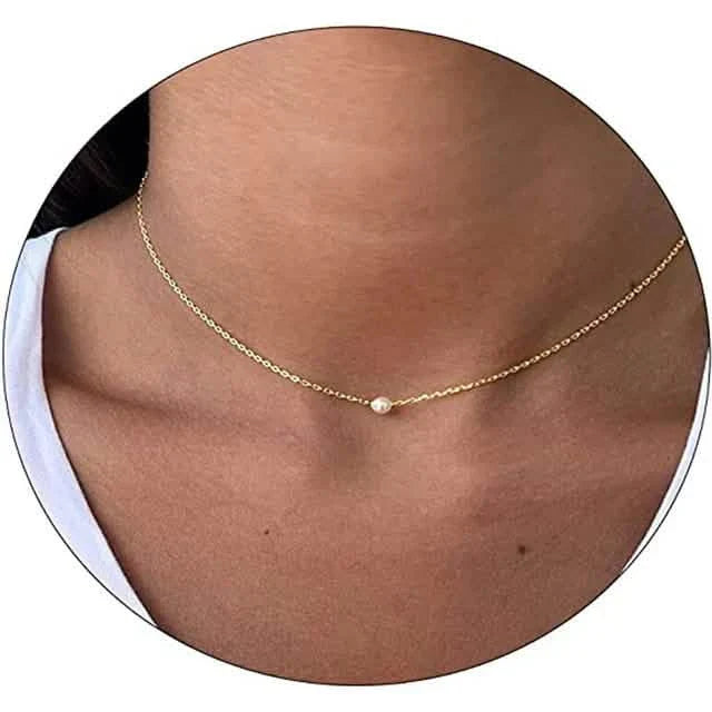 女性用14Kゴールドメッキ繊細パールペンダントネックレス