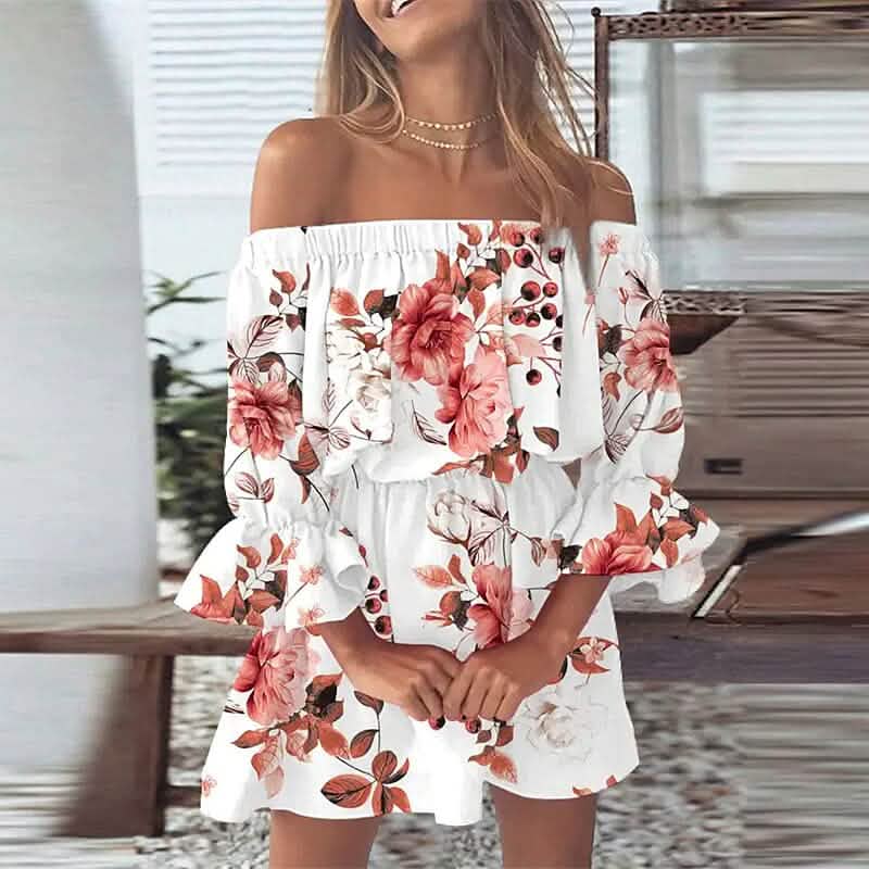 Robe d'été printemps femme épaule dénudée à volants floraux, manches 3/4