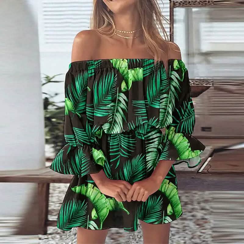 Robe d'été printemps femme épaule dénudée à volants floraux, manches 3/4