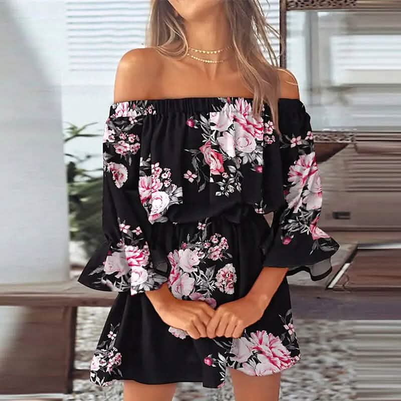 Robe d'été printemps femme épaule dénudée à volants floraux, manches 3/4