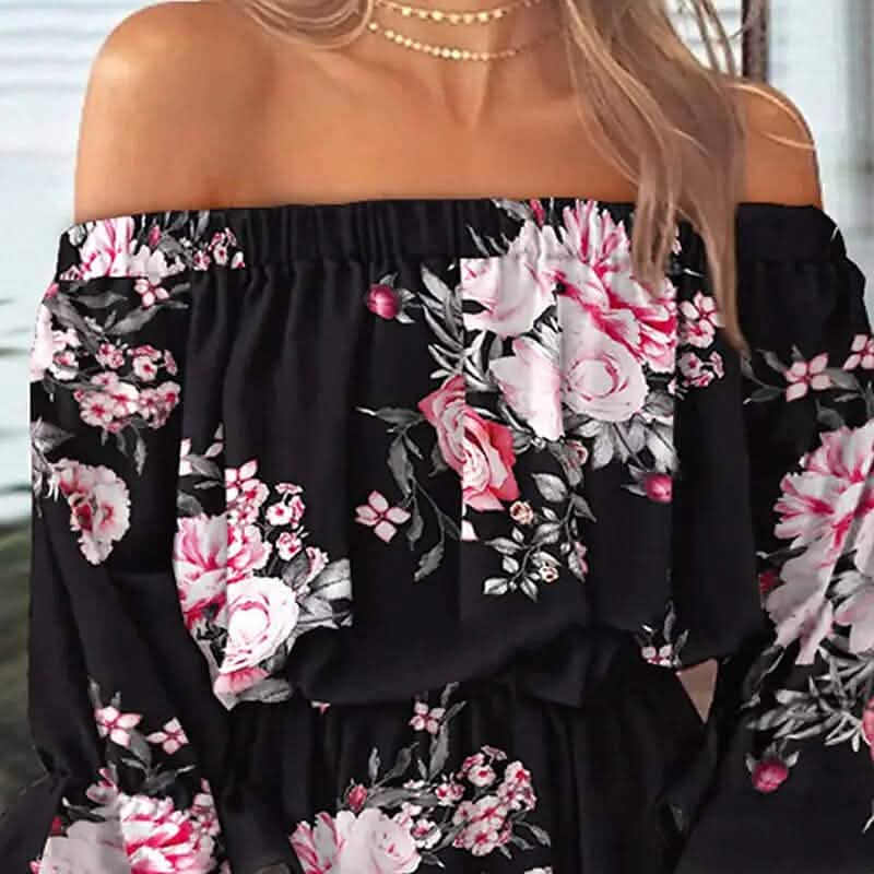 Robe d'été printemps femme épaule dénudée à volants floraux, manches 3/4