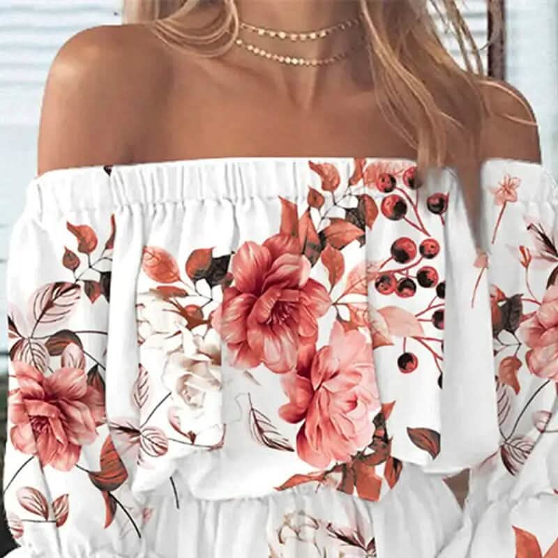 Robe d'été printemps femme épaule dénudée à volants floraux, manches 3/4