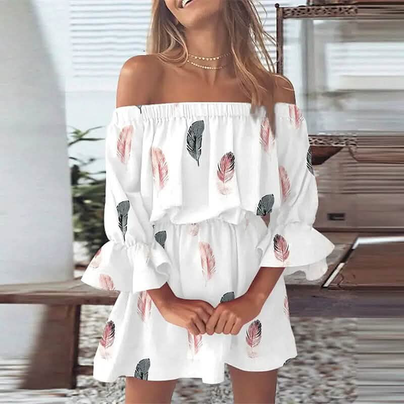 Robe d'été printemps femme épaule dénudée à volants floraux, manches 3/4