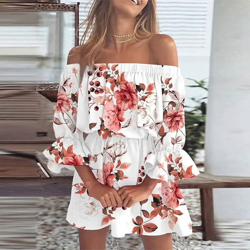 Robe d'été printemps femme épaule dénudée à volants floraux, manches 3/4