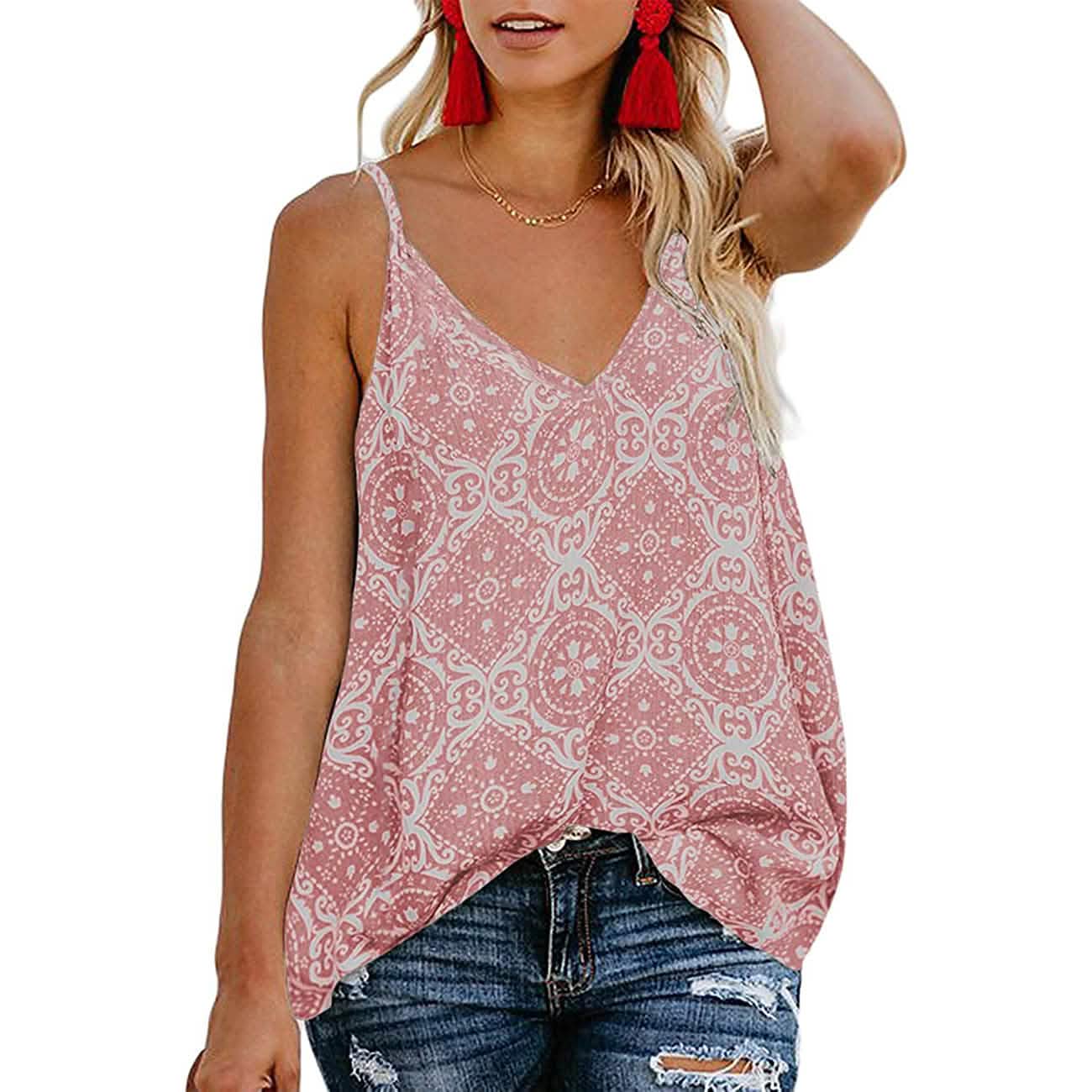 Chemisier femme à bretelles spaghetti, col en V, motif floral bohème, sans manches, pour l'été