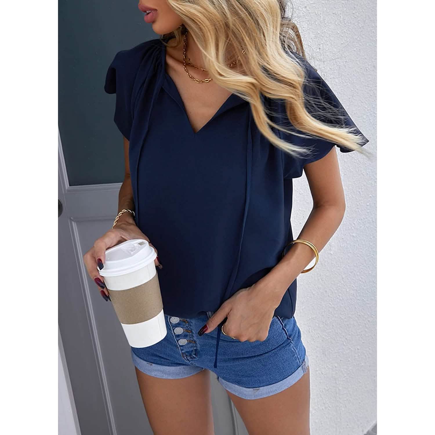 T-shirt bohème décontracté à col en V et cordon de serrage pour femme