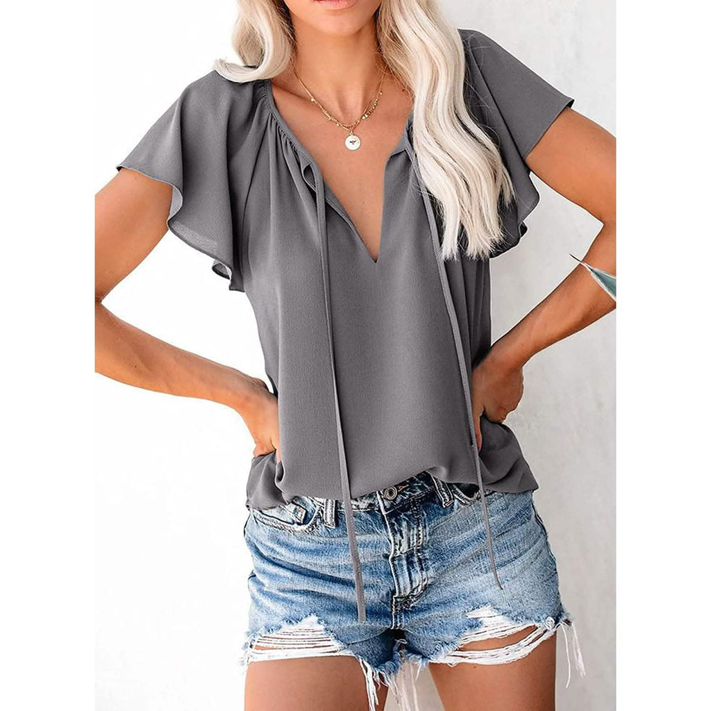 T-shirt bohème décontracté à col en V et cordon de serrage pour femme