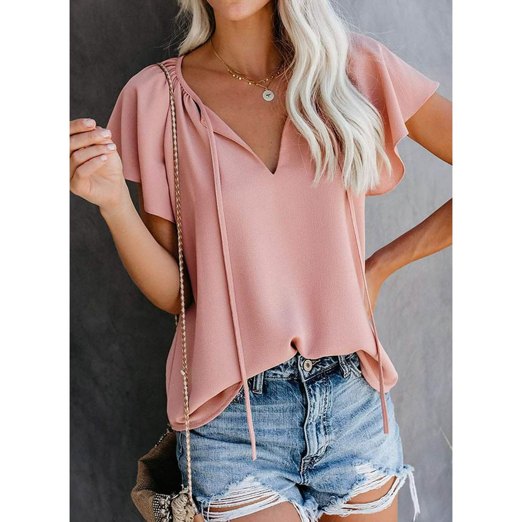 T-shirt bohème décontracté à col en V et cordon de serrage pour femme