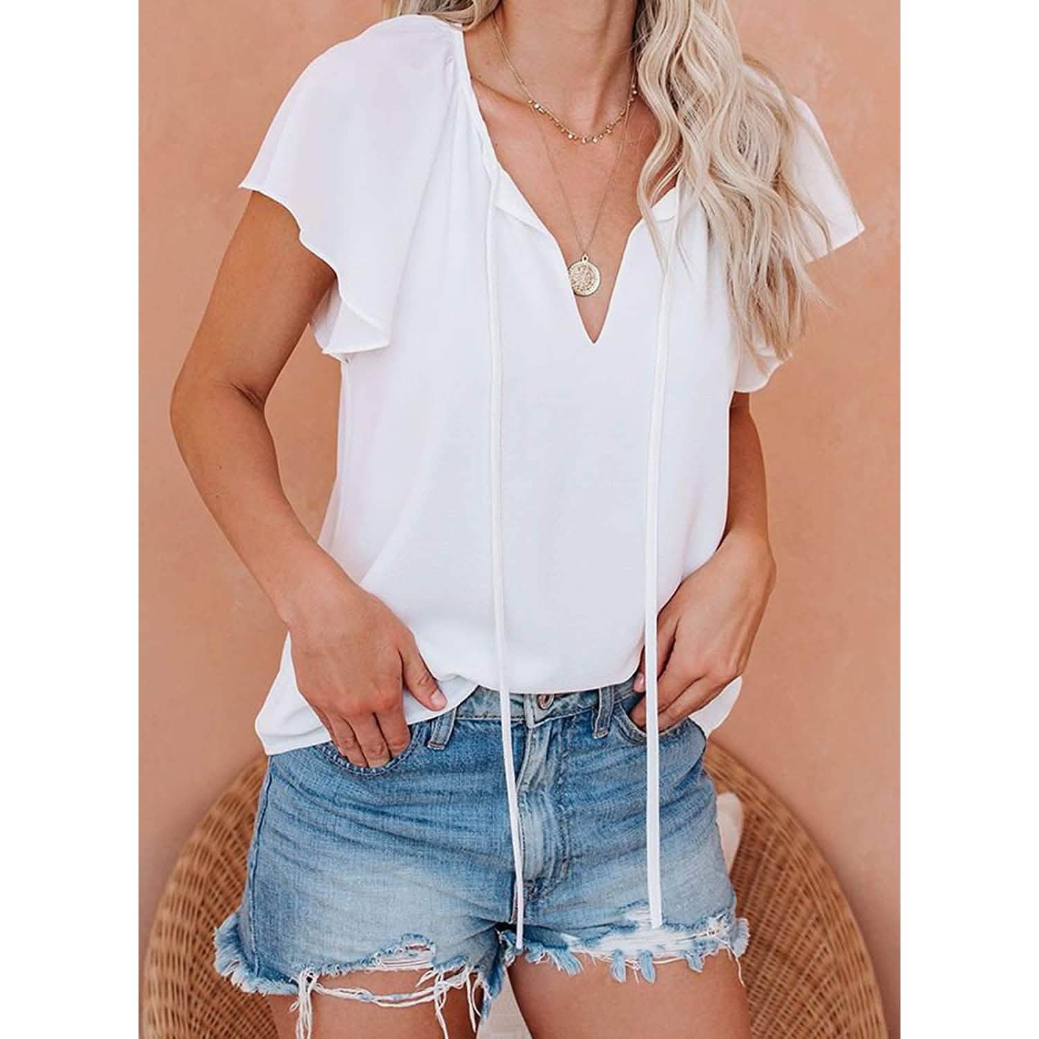 T-shirt bohème décontracté à col en V et cordon de serrage pour femme
