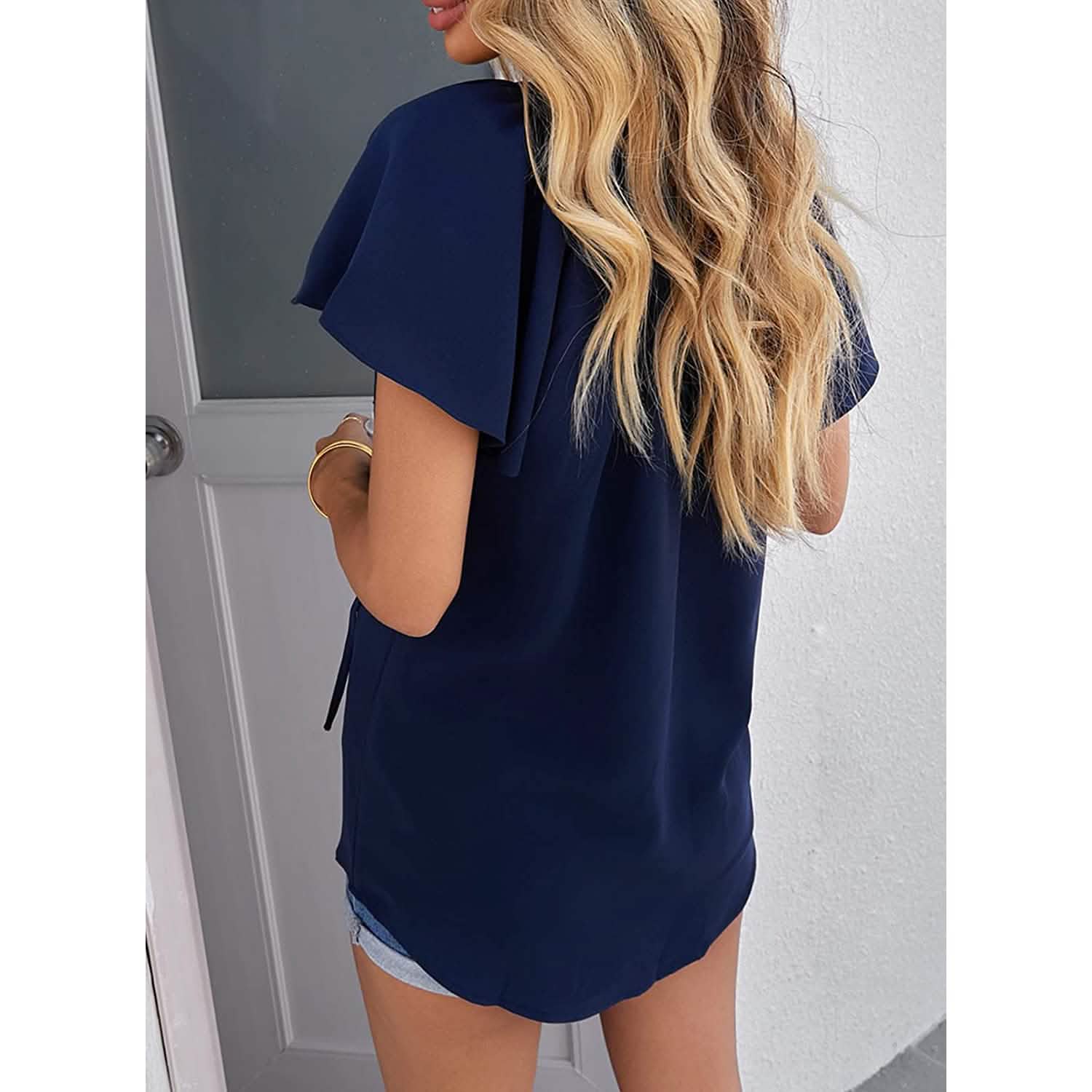 T-shirt bohème décontracté à col en V et cordon de serrage pour femme
