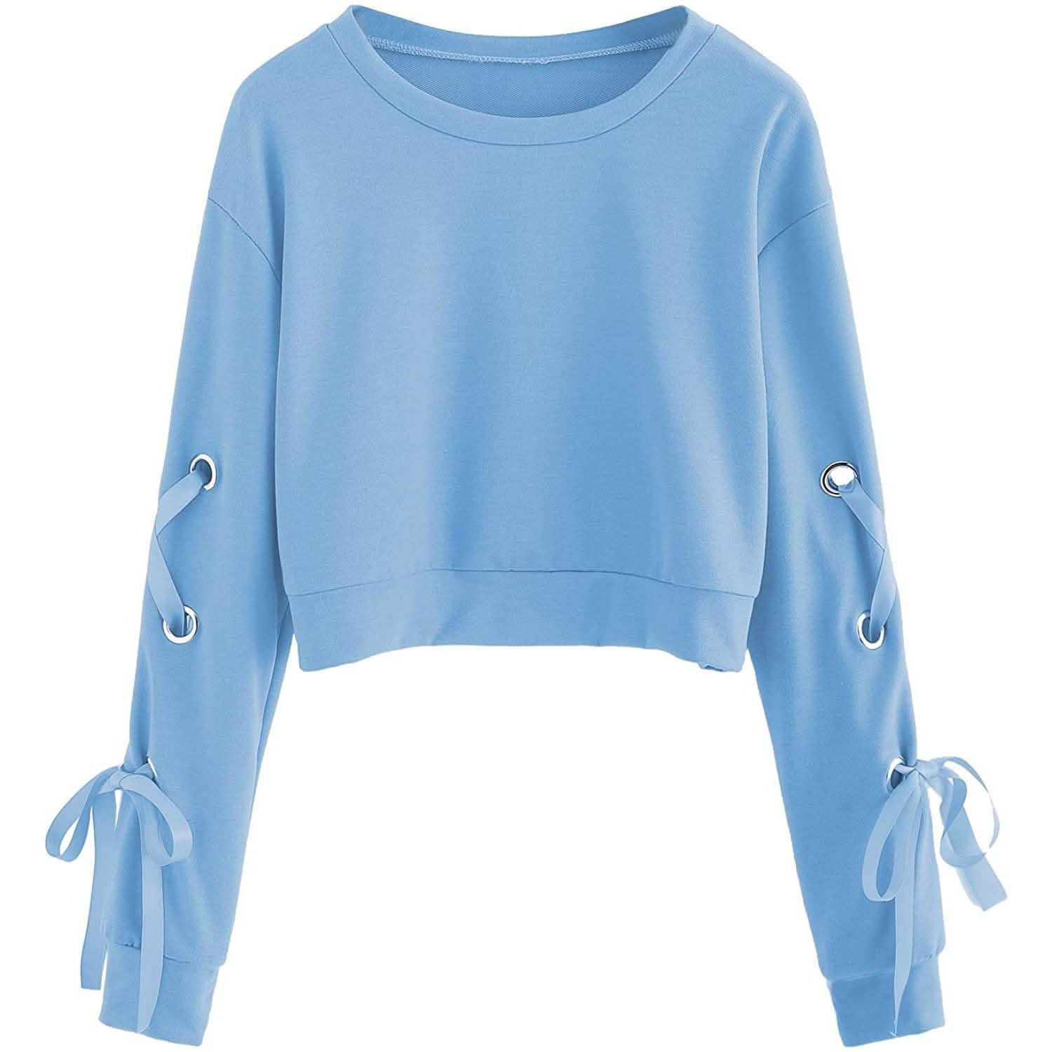 Women's Casual Lace-Up Long-Sleeved Pullover Crop Top Sweatshirt