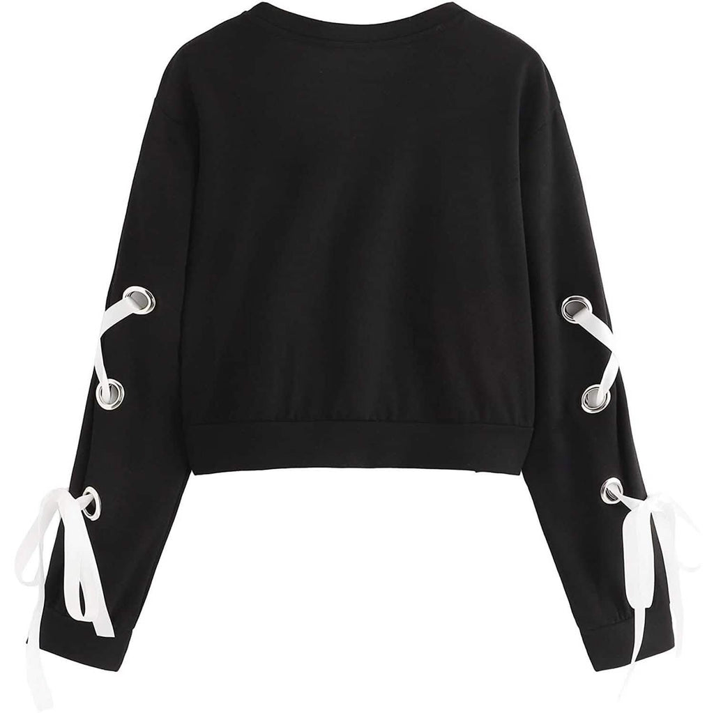 Women's Casual Lace-Up Long-Sleeved Pullover Crop Top Sweatshirt