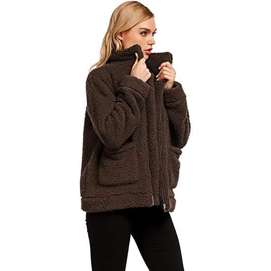 Manteau zippé décontracté en polaire duveteuse à col revers pour femme