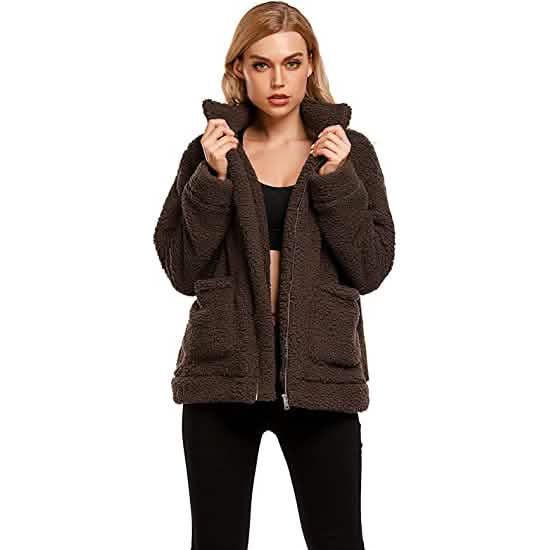 Manteau zippé décontracté en polaire duveteuse à col revers pour femme
