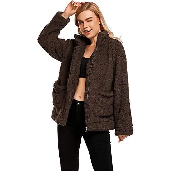 Manteau zippé décontracté en polaire duveteuse à col revers pour femme