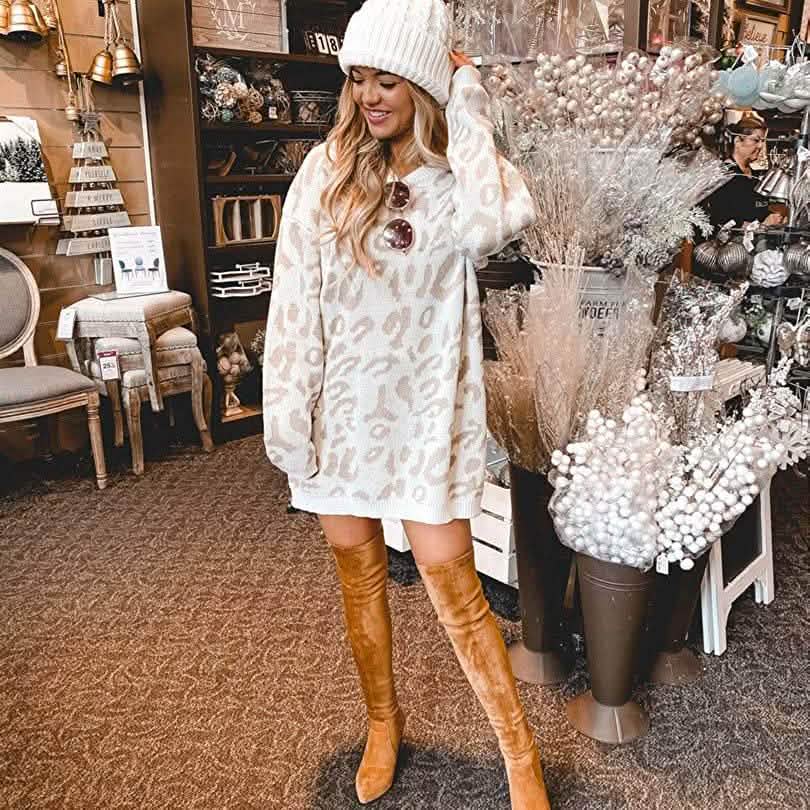 Women’s Casual Leopard Print Long Sleeve Crew Neck Knitted Oversized Pullover Sweaters Tops
