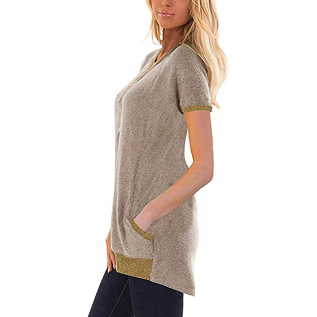 Sweat-shirts légers en maille à manches courtes et blocs de couleurs avec poches pour femmes