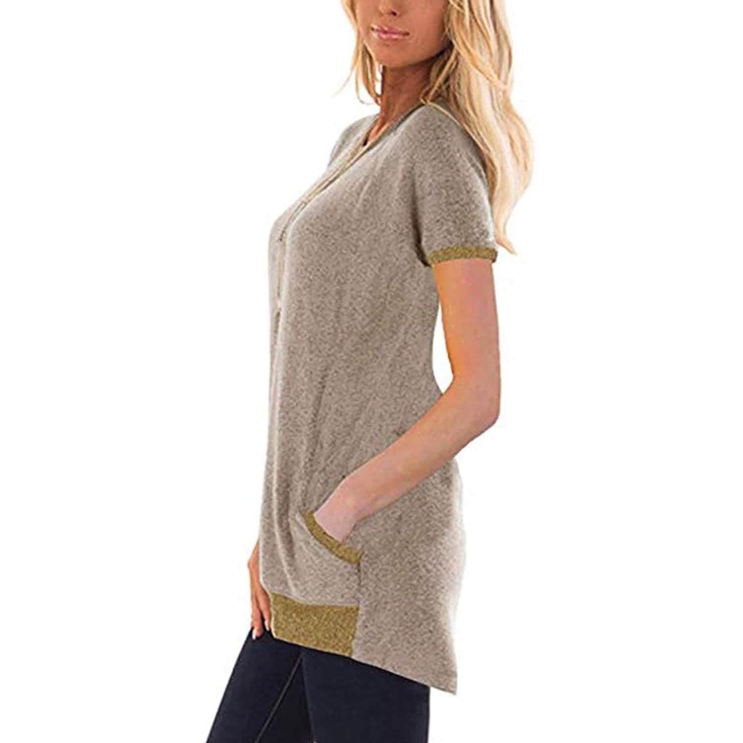 Sweat-shirts légers en maille à manches courtes et blocs de couleurs avec poches pour femmes
