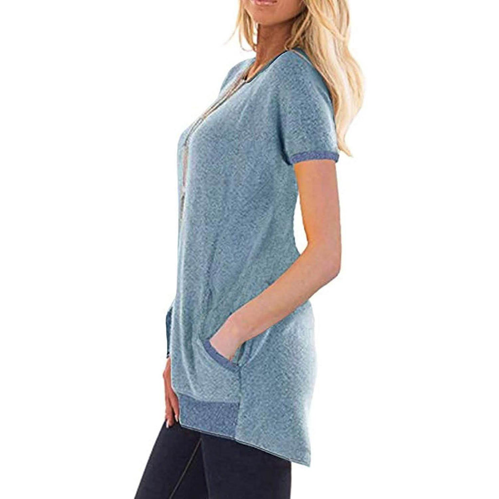Sweat-shirts légers en maille à manches courtes et blocs de couleurs avec poches pour femmes