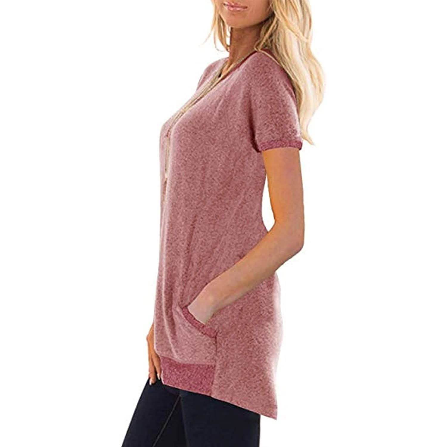 Sweat-shirts légers en maille à manches courtes et blocs de couleurs avec poches pour femmes
